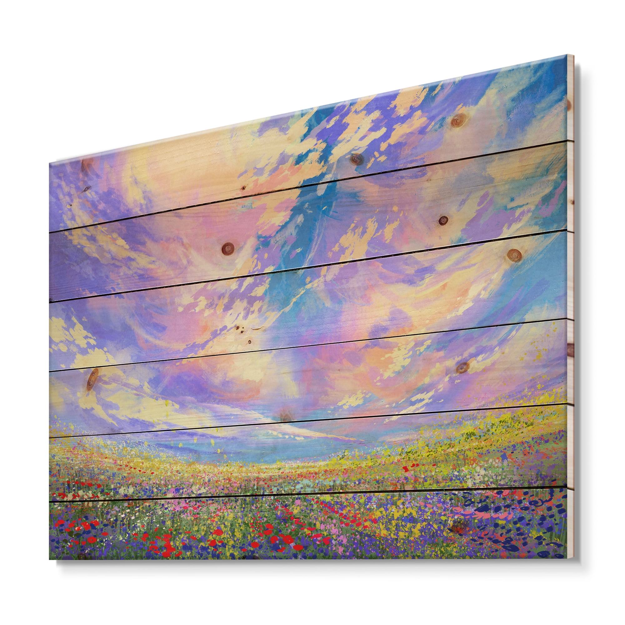 Designart 'Gorgeous Clouds Over Colorful Flowers In Field' Traditional Print on Natural Pine Wood