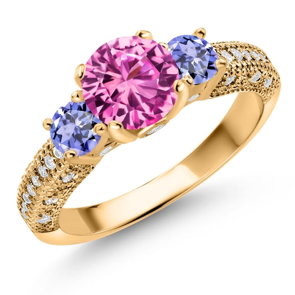 Gem Stone King 18K Yellow Gold Plated Silver Pink Created Sapphire Blue Tanzanite and White Moissanite Engagement Ring for Women (2.34 Cttw, Gemstone September Birthstone, Round 7MM and 4MM, Size 7)