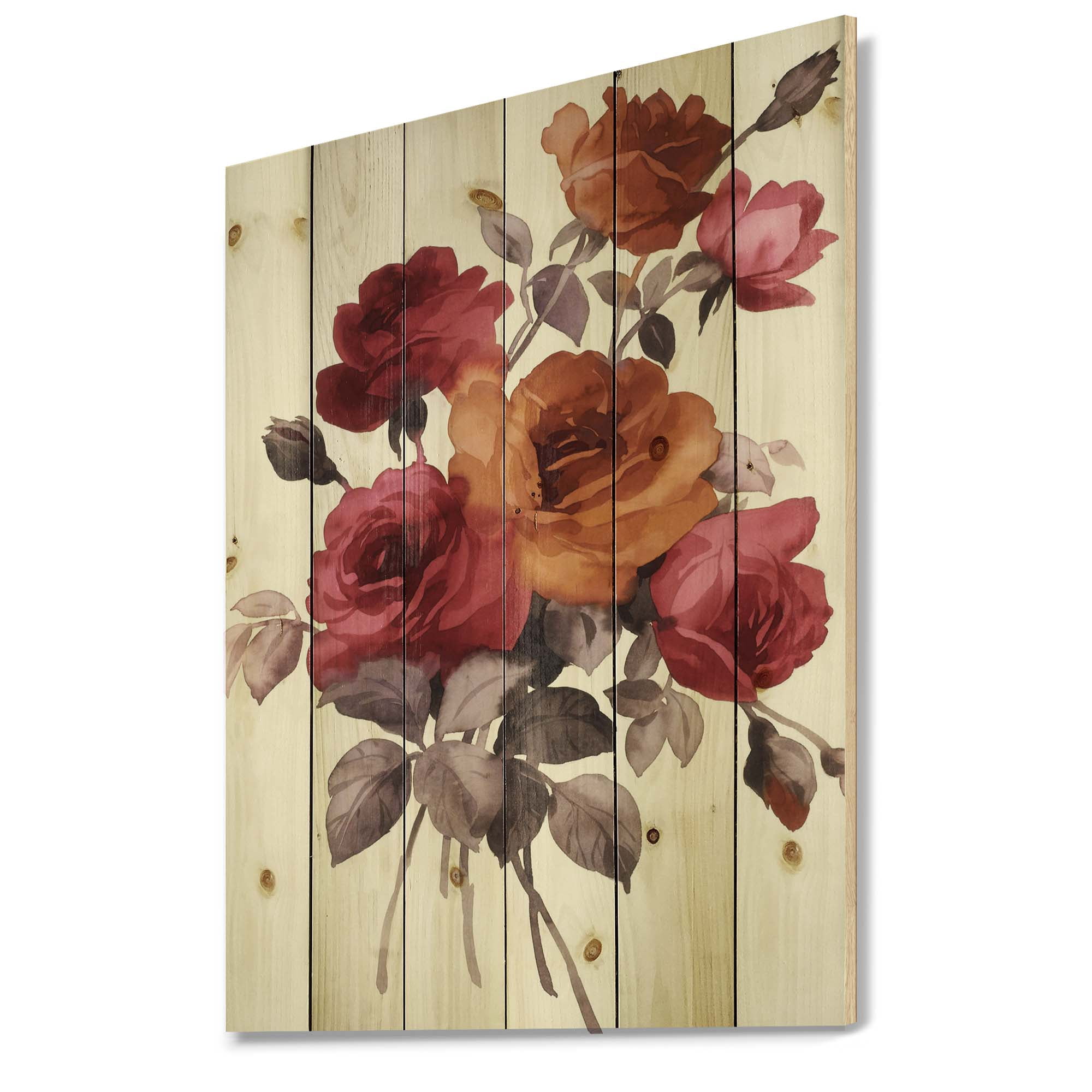 Designart 'Vintage Red and Orange Roses' Traditional Print on Natural Pine Wood