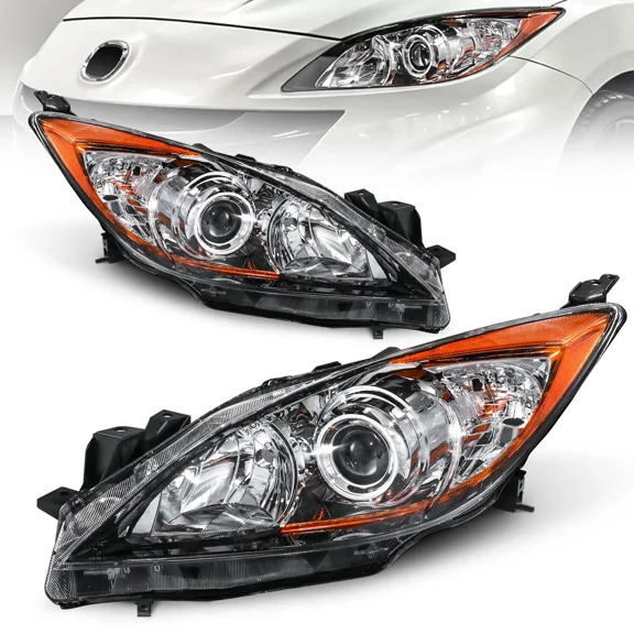 MOSTPLUS Pair Chrome Headlights Front Lamps Assembly for 2010 2011 2012 2013 Mazda 3