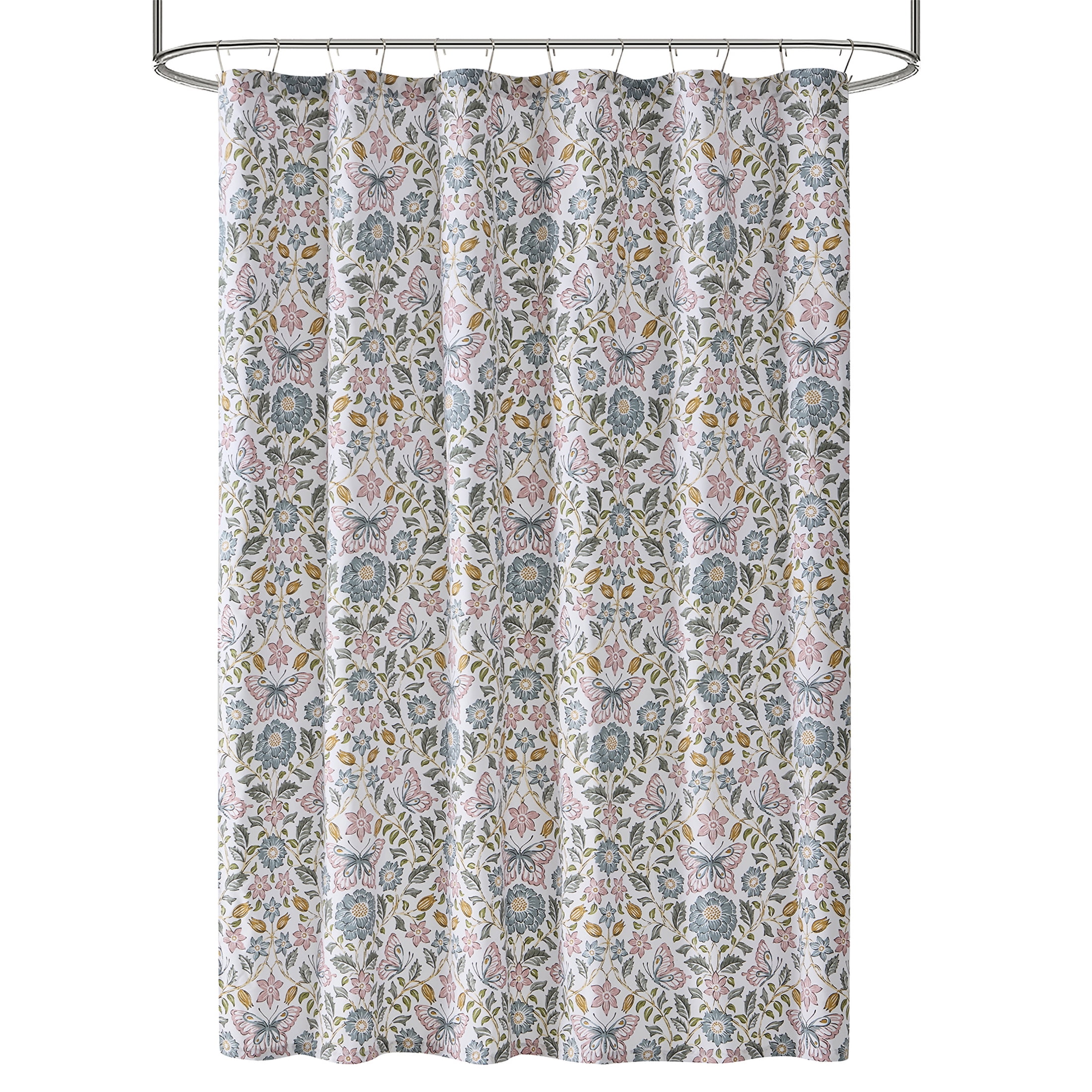 Mainstays 15-Piece Blue & Pink Butterfly Bathroom Set – Floral Shower Curtain, Bath Rugs & Hooks, Washable Polyester