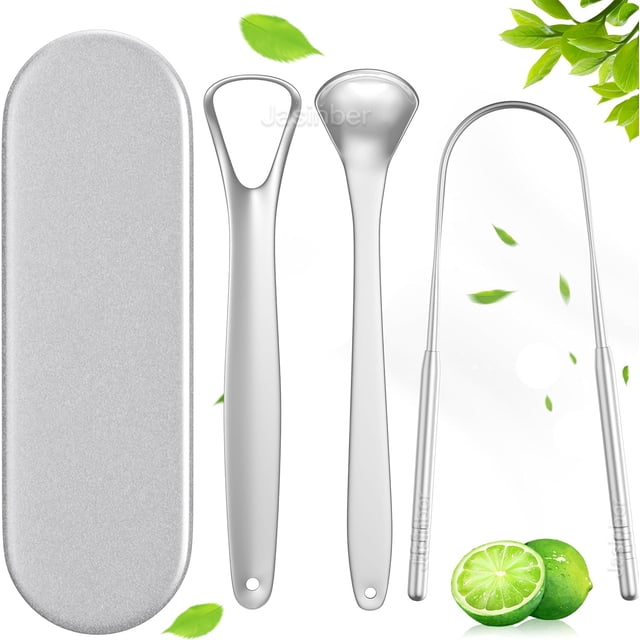 Set de 3 Cepillo de Lengua de Acero Inoxidable con Estuche de Transporte - Kit de Limpieza Bucal para Limpiador de Raspado de Lengua Oral (3 Pcs)
