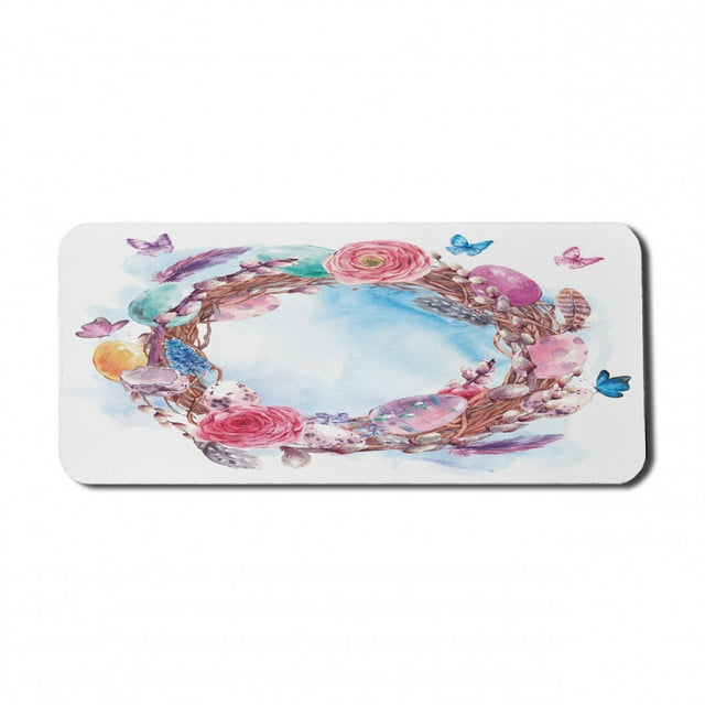 Spring Computer Mouse Pad, Floral Wreath with Branches Butterflies Feathers Happy Harvest Season Watercolor Art, Rectangle Non-Slip Rubber Mousepad X-Large, 35" x 15", Multicolor, by Ambesonne