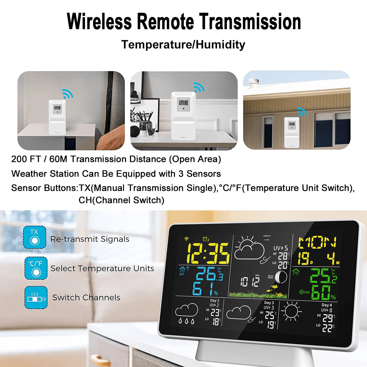 Tuya WIFI Weather Station 7.5Inch Display Thermometer Hygrometer Indoor Outdoor Rain/Wind Gauge Weather Forecast US Plug