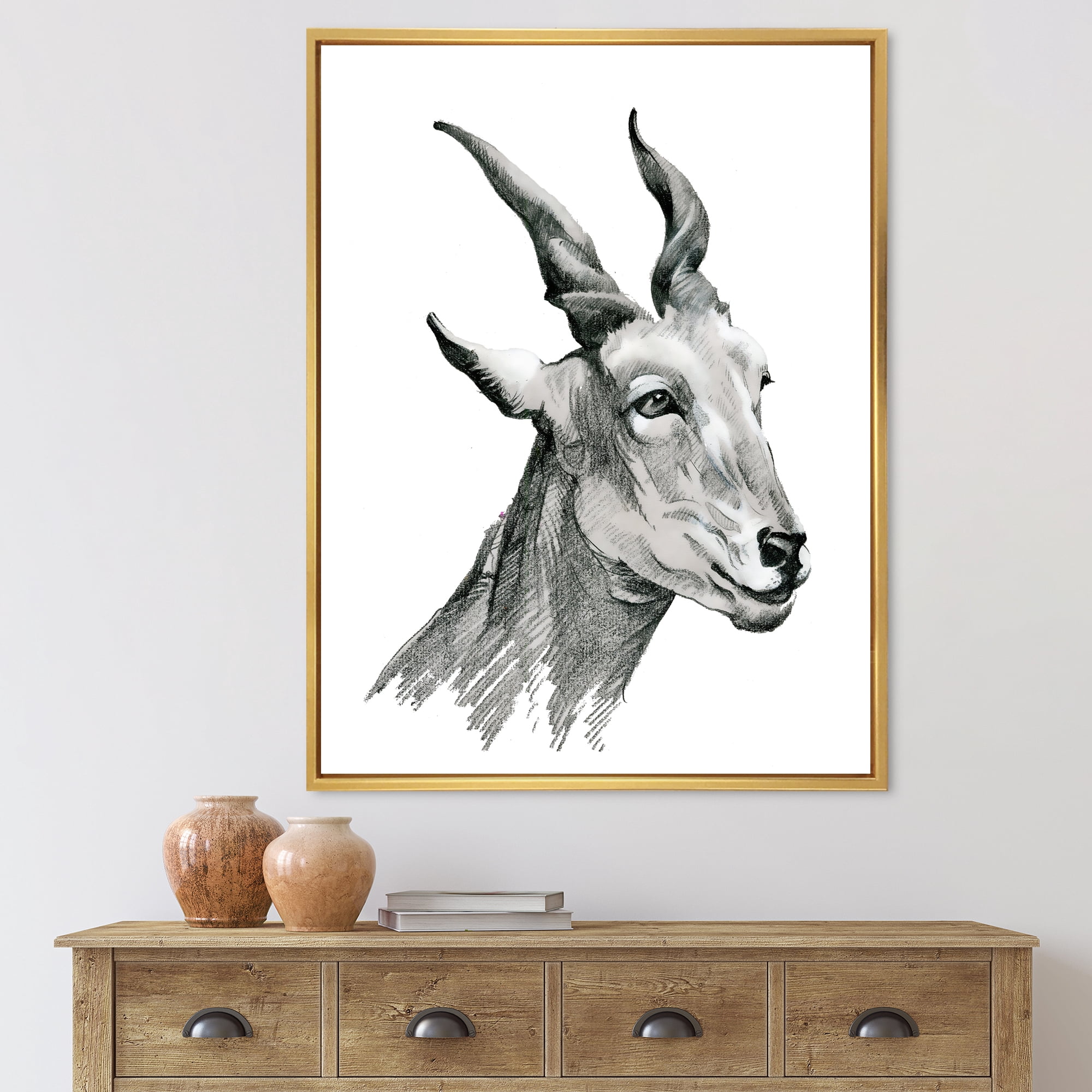 Designart 'Black and White Portrait Of Goat I' Farmhouse Framed Canvas Wall Art Print