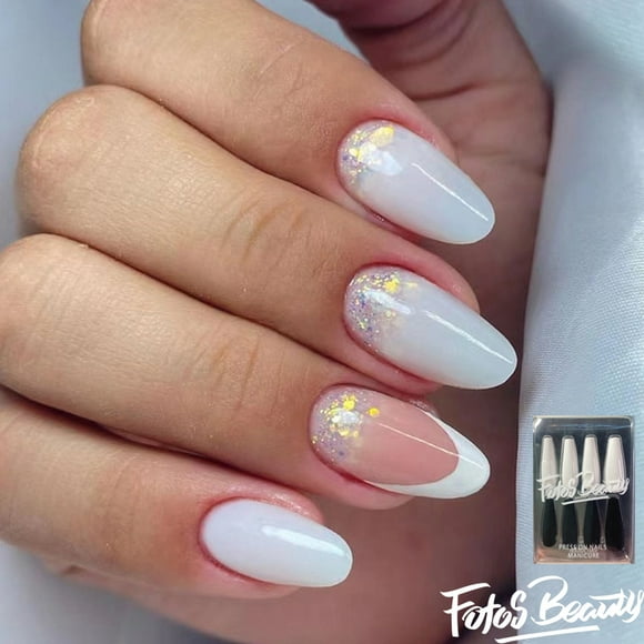 Fofosbeauty 24 pcs Almond Fake Nails Tips, Medium Press on French Nails, Almond French White Shining