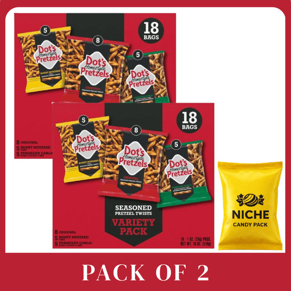 Dot's Homestyle Pretzels Variety Multipack, 18 oz, 18 Count – Pack of 2-with candy pack