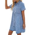 thumbnail image 3 of Wangsaura Robe en Denim d'Été pour Femmes, Col à Revers à Manches Courtes avec Boutons, Décontractée, 3 of 6