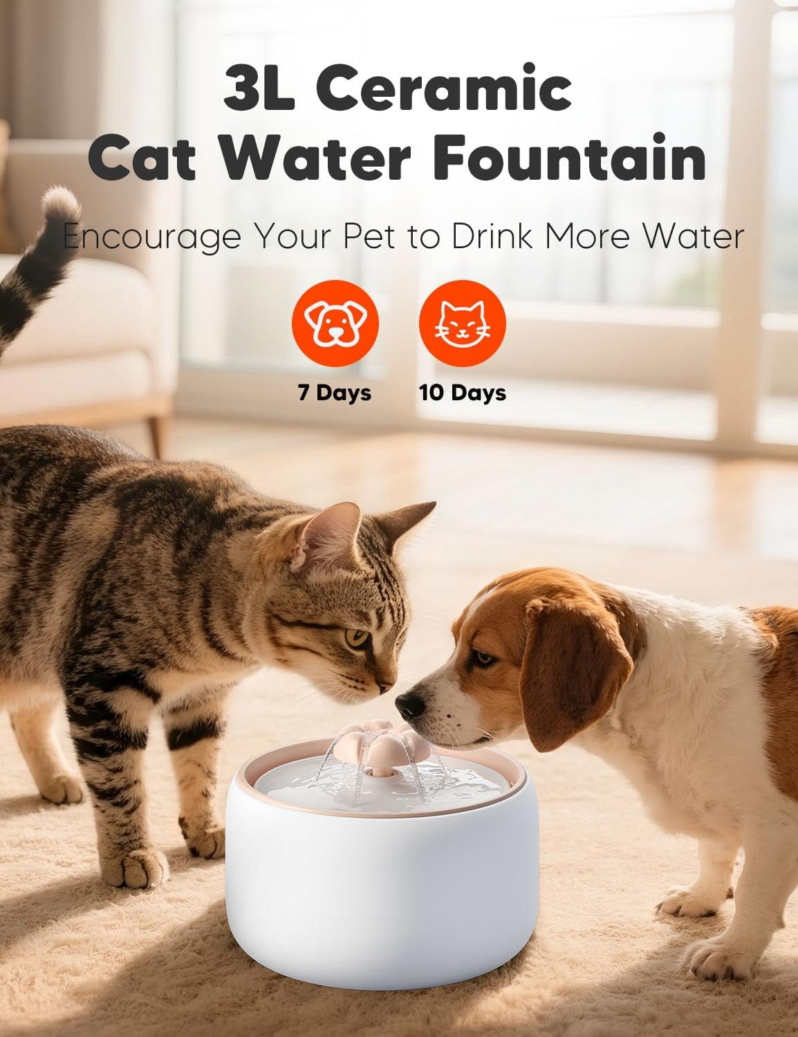Automatic Cat Water Fountain with Ultra-Quiet Pump, Ceramic Dishwasher-Safe Design, 3L/101oz Capacity, Includes Filter & Sponge for Pets