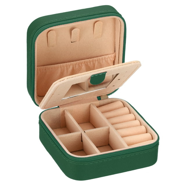 Unique Bargains Travel Jewelry Case, Small Jewelry Organizer Portable Mini Jewelry Box with Mirror Square Style 1, Dark Green