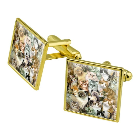 Plethora of Cats and Kittens Pattern Square Cufflink Set - Silver or Gold
