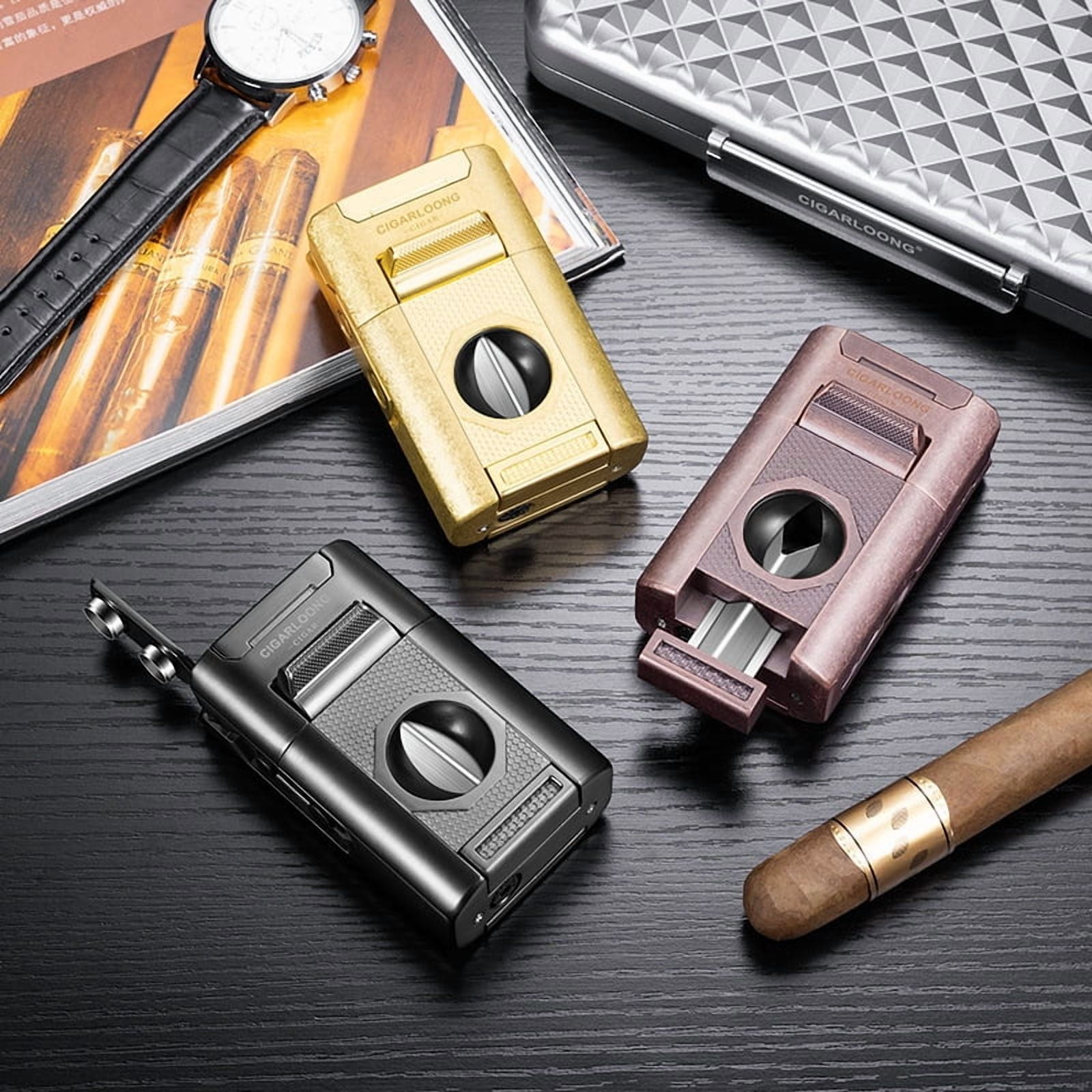 Cigar Lighter Multifunctional With Cigar Shears Cigar Drill Cigar Shot Gift Box 4 Fire Straight Windproof