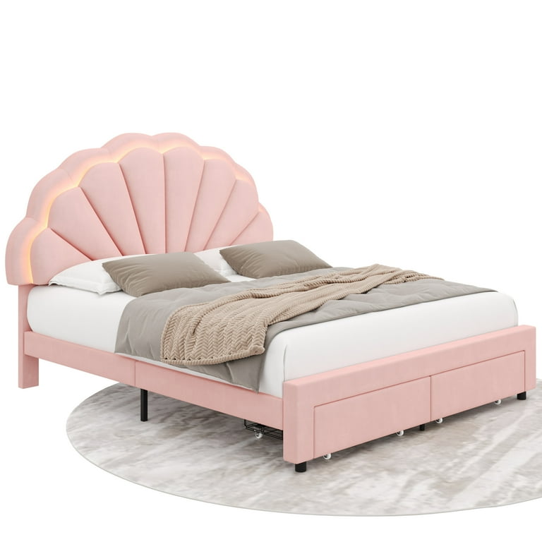 Homfa Full Size LED Bed Frame with Drawer, Velvet Upholstered Platform Bed with Adjustable Petal Headboard for Kid, Pink Homfa Full Size LED Bed Frame with Drawer, Velvet Upholstered Platform Bed with Adjustable Petal Headboard for Kid, Pink
