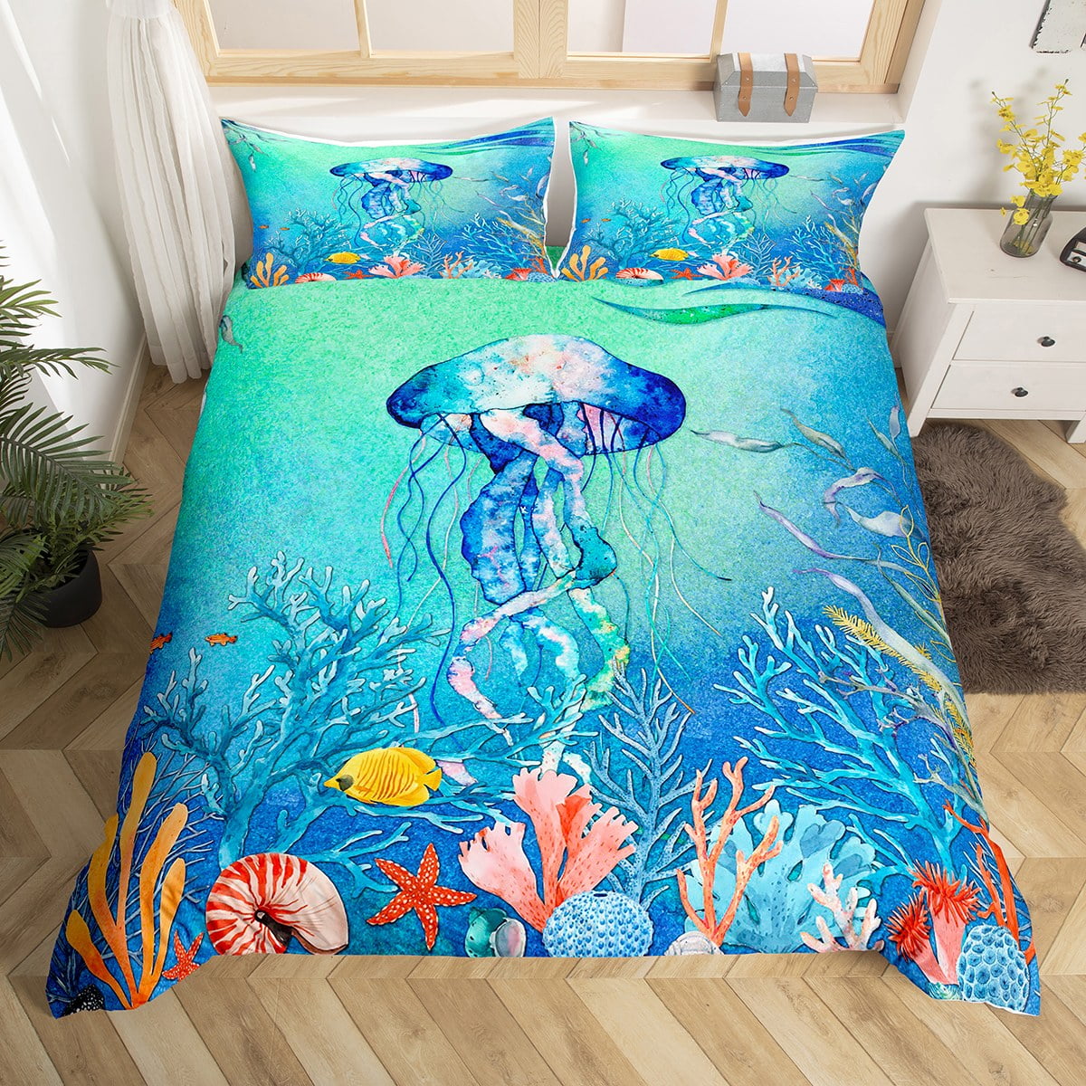 YST Teal Bedding Set, Ombre Jellyfish Duvet Cover for Girls Kids