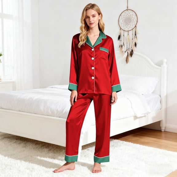 Delayuji Womens Satin Pajamas Set Classic Button Down Long Sleeve Tops and Pants Set Loungewear Sleepwear