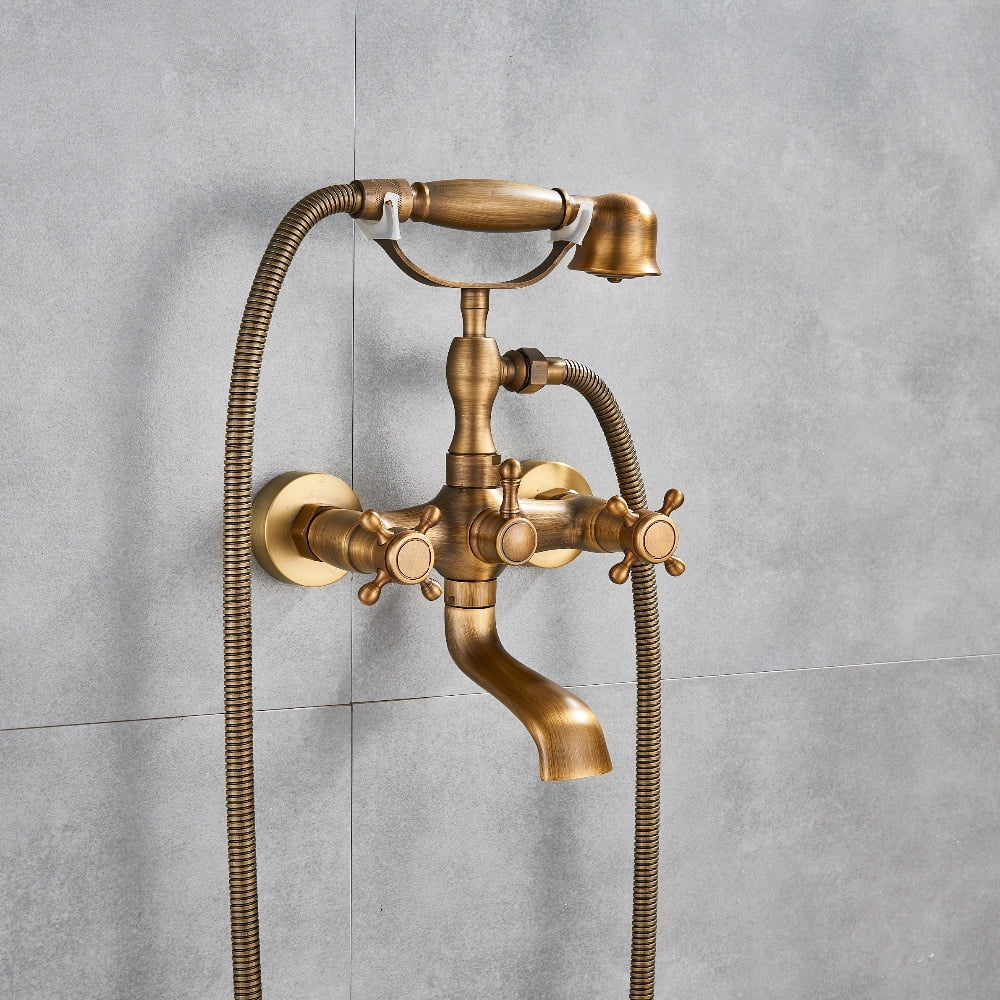 Antique Brass Clawfoot Bathtub Faucet with Hand Sprayer Dual Cross Tub Filler