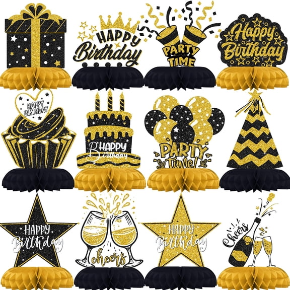 Black Gold Birthday Party Decorations 12Pcs, Honeycomb Table Centerpieces for Women, Festive Table Toppers with Themed Cards and Balls, Black and Gold