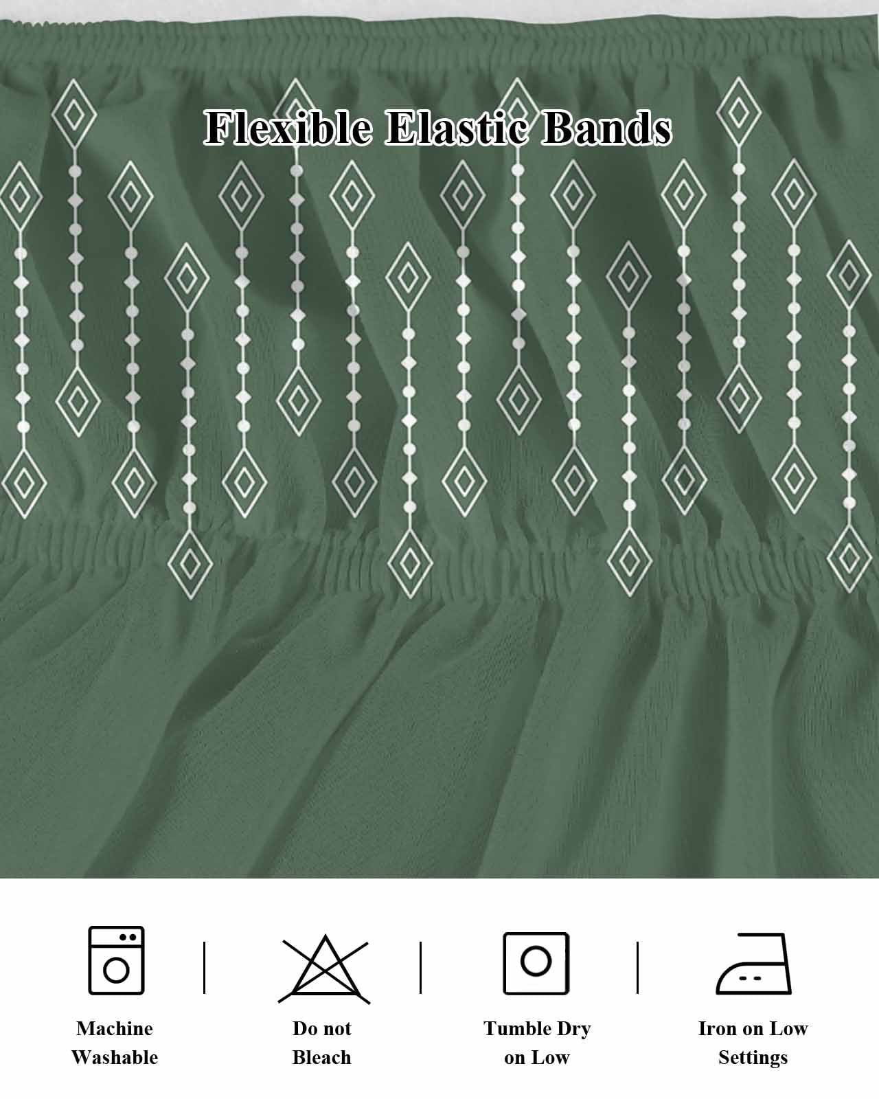 Rhombus Lines Bed Skirt Geometric Boho Green Background Bed Skirts Queen Size 16 Inch Drop, Wrap Around Dust Ruffle&nbsp;Bedskirt with Adjustable Elastic Belt for Queen Size Beds