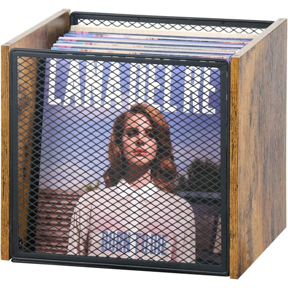 Vinyl Record Storage, 50-60 Records Vinyl Crate, Stackable Record Holder for 7"-12" Records, Cube Storage Box for Book & Toys, Rustic Brown