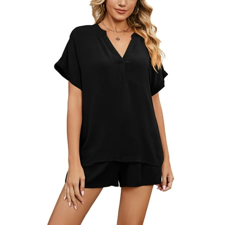 

Rejlun Ladies Pajamas Set Short Sleeve Lounge Sets Elastic Waist Sleepwear Loose Fit Nightgown Baggy Summer Nightwear Black S
