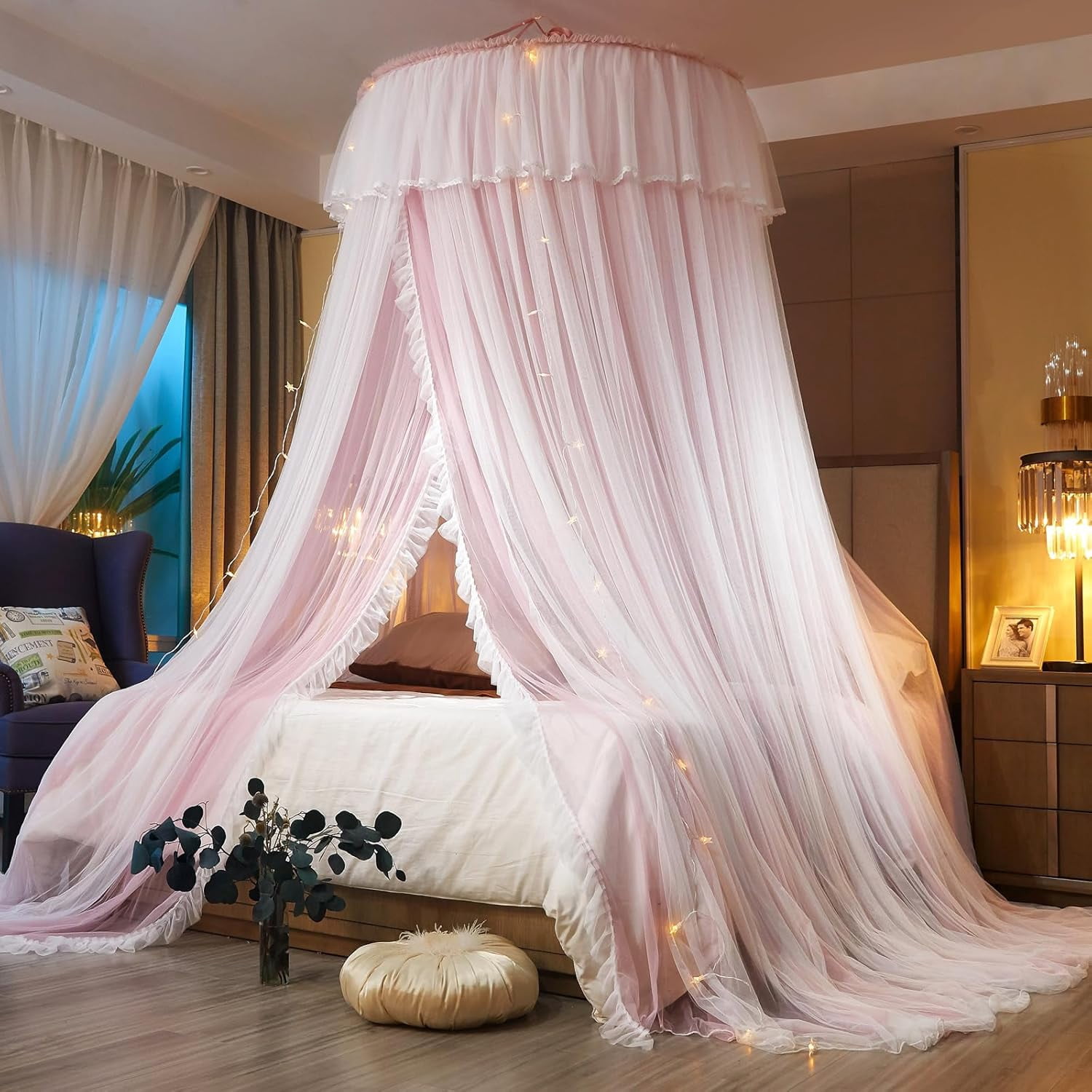 Princess Bed Canopy for Girls & Adults, Elegant Double-Layer Bed Curtain, Children's Dream Round Lace Mosquito Net, Princess Canopy Net - Fits Twin, Full, Queen, and King Beds (Light Gray)