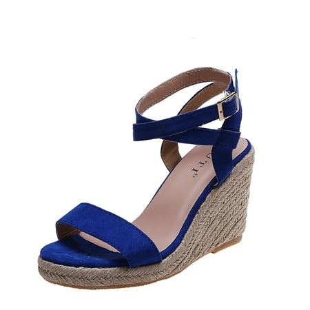 

B91xZ Women s Sandals Strap Sandals Mouth Wedge Straw Straw Ladies Fish Breathable Buckle Shoes Women s Sandals Blue Size 9.5