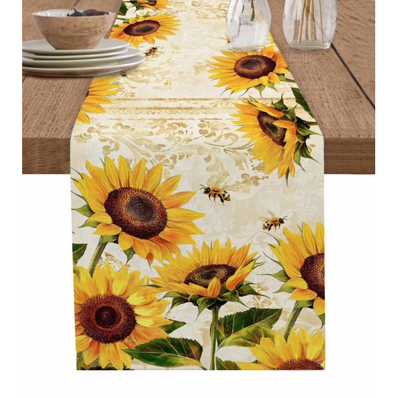 Botanical Sunflowers Table Runner 120 Inches, Summer Garden Flowers Bees Rustic Bed Runner Dresser Scarves Tabletop for Indoor Outdoor Parties/Ceremony/Banquet, 13"x 120"
