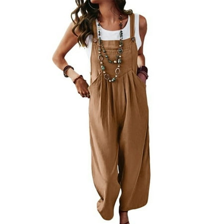 

SUNSION Women Wide Leg Overalls Sleeveless Jumpsuits Loose Suspender Comfy Baggy Button Rompers with Pockets