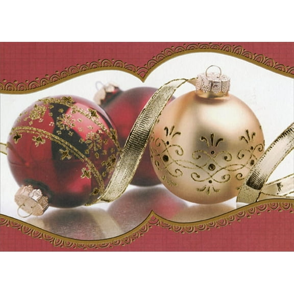 Designer Greetings Red and Gold Ornaments and Ribbons Box of 18 Christmas Cards