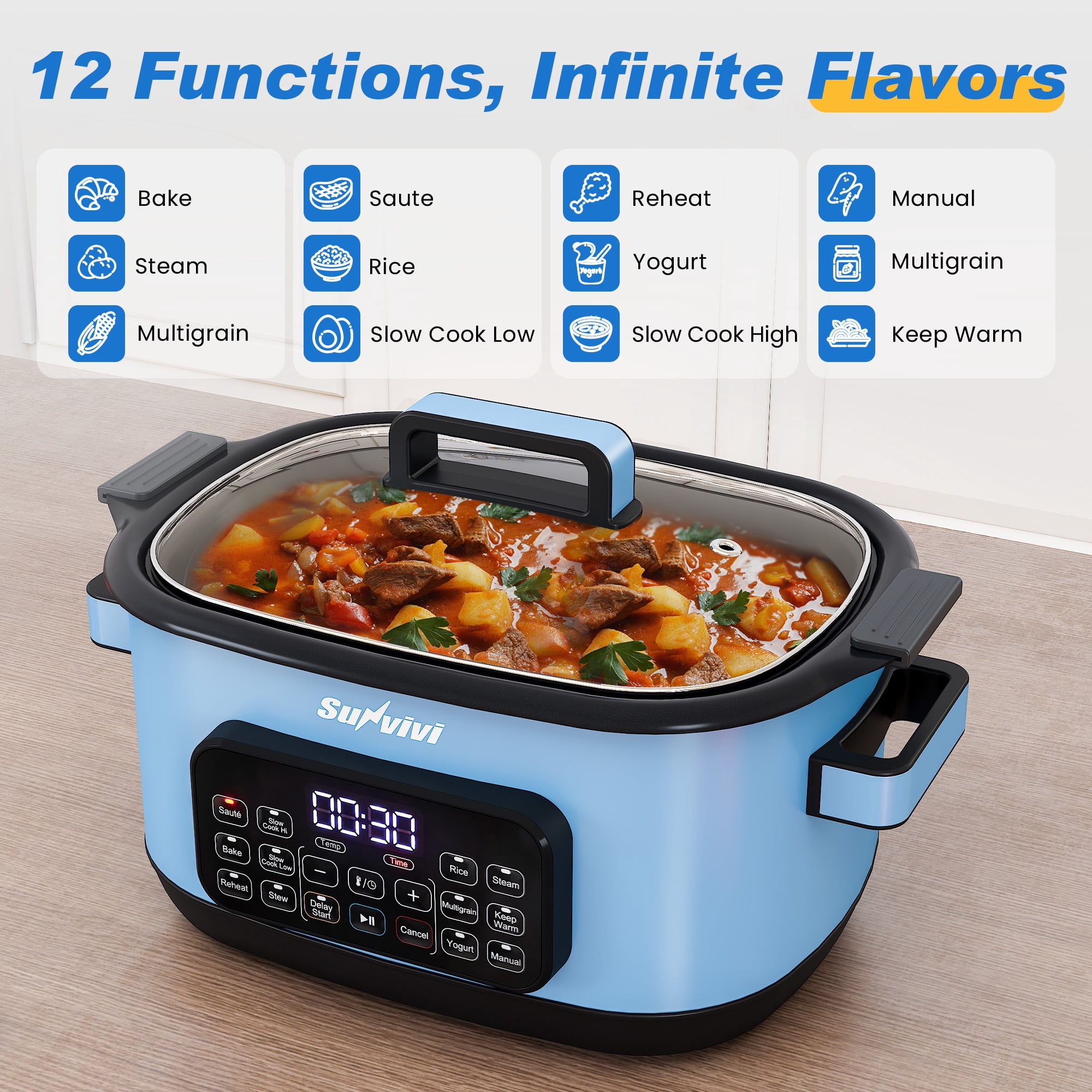 Sunvivi 12-in-1 Digital Programmable Slow Cooker, 6.5 QT Large Multicooker, Multi-Cooker with Timer, Temp Control, Blue