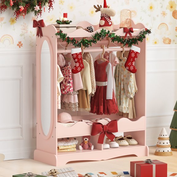 Curipeer Kids Dress Up Storage with Mirror, Wood Armoire Wardrobe Closet for Bedroom,Pink