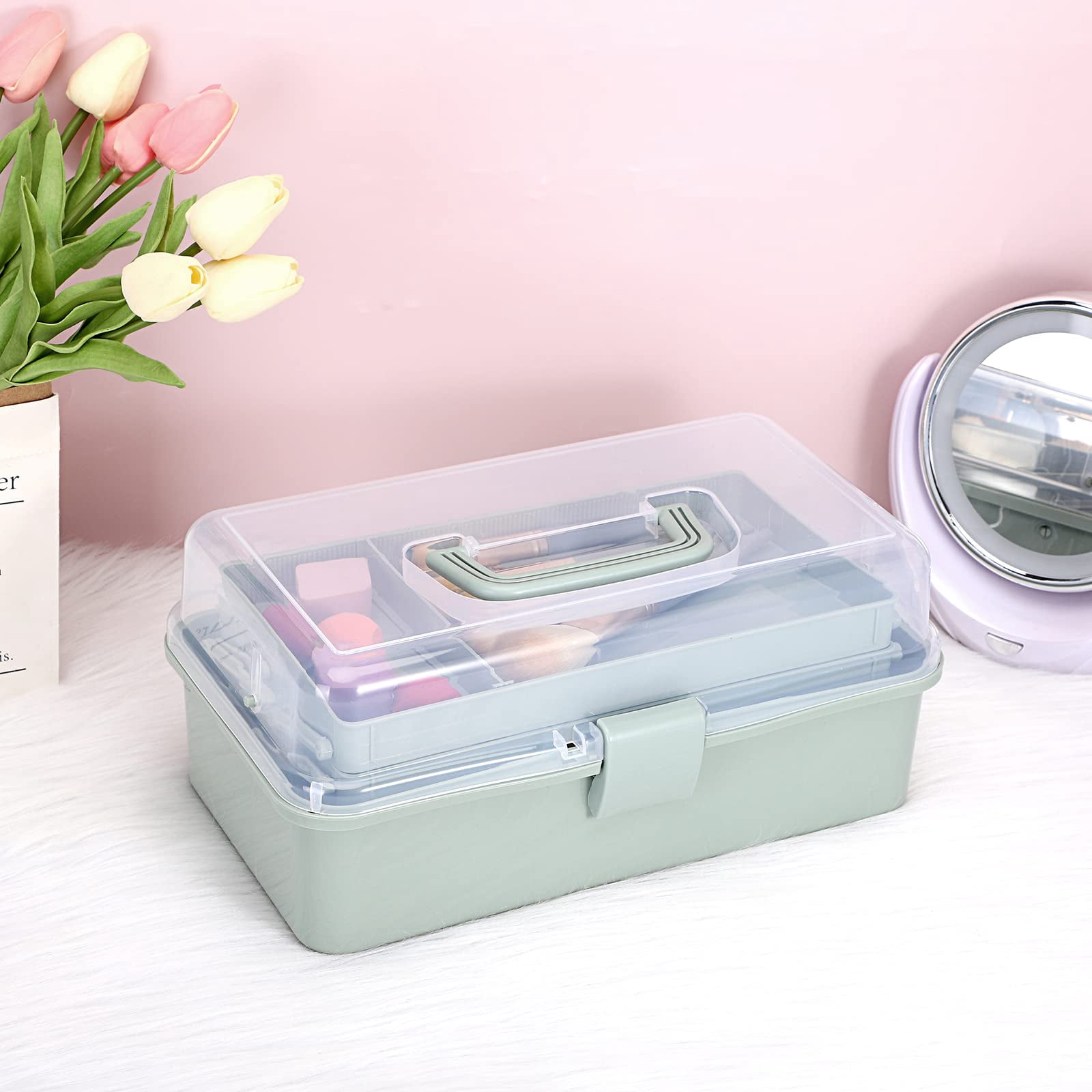 3-layer Plastic Dividing Storage Box Craft Organizer And With Adjustable Spacers Portable Handled Art Supply Multipurpose Home Utility For Sewing(haze Green)