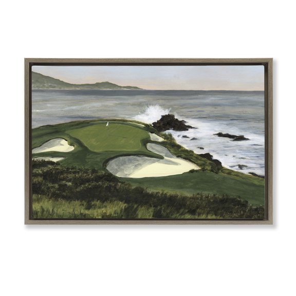 Stupell Industries Coastal Golf Course Landscape Painting Brown Floater Framed Art Print Wall Art, 31 x 21