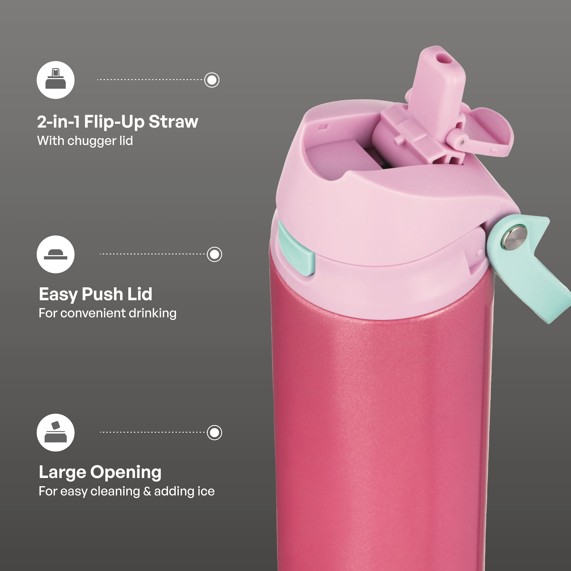 TAL 24oz Stainless Steel 2-in-1 Straw and Chug Water Bottle with Push Lid, Pink Shimmer