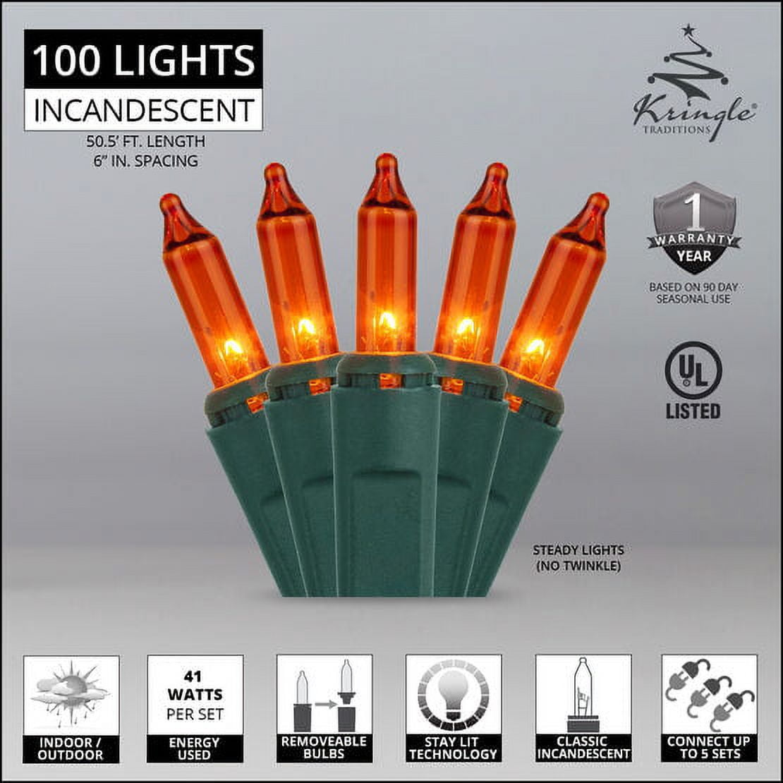 Kringle Traditions 100-Ct Indoor-Outdoor Halloween Orange Mini Lights Set - 50' Green Wire