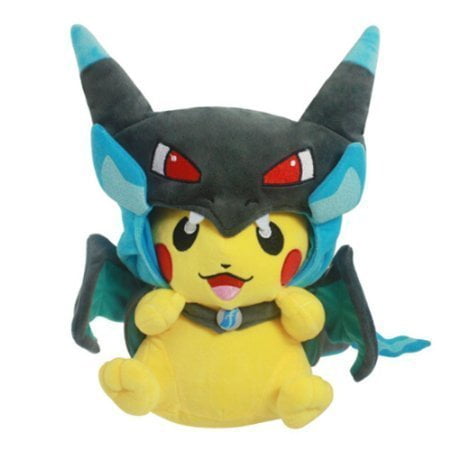 mega charizard x plush toy pokemon pikazard pikachu open mouth cloak blue stuffed animal soft