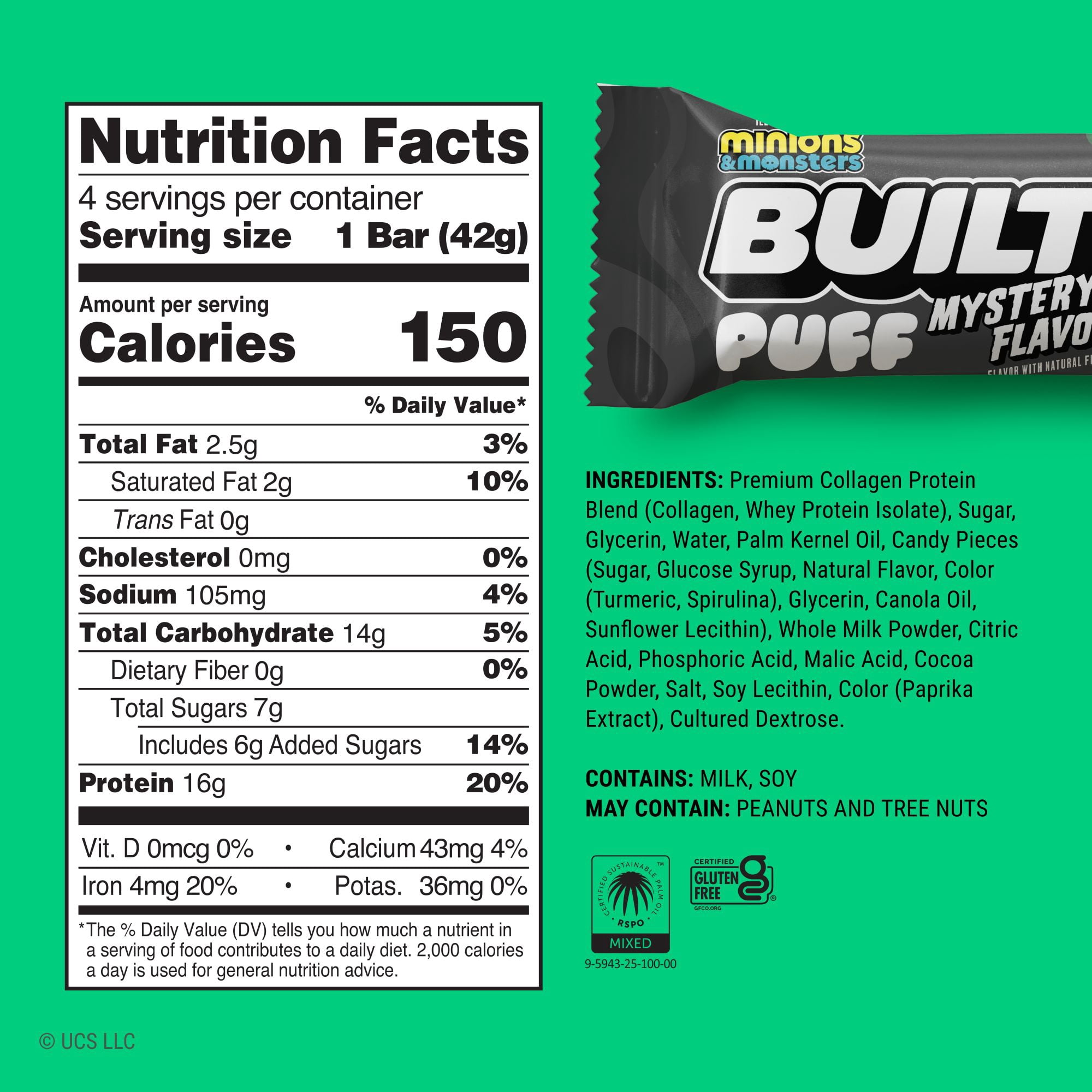BUILT Puff Protein Bar, Mystery Flavor, 16g Protein, Collagen, 150 Calories, 4 Count Box, 1.48 oz Bars