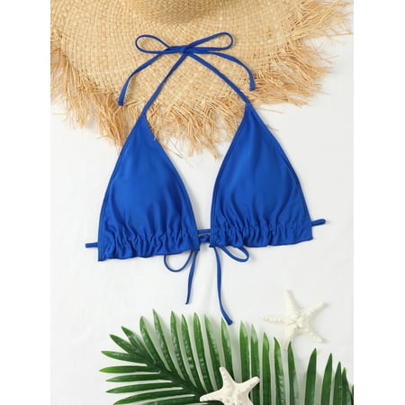 Sexy Women s Plus Size Swimwear Frill Trim Halter Triangle Bikini Top S220602X Blue