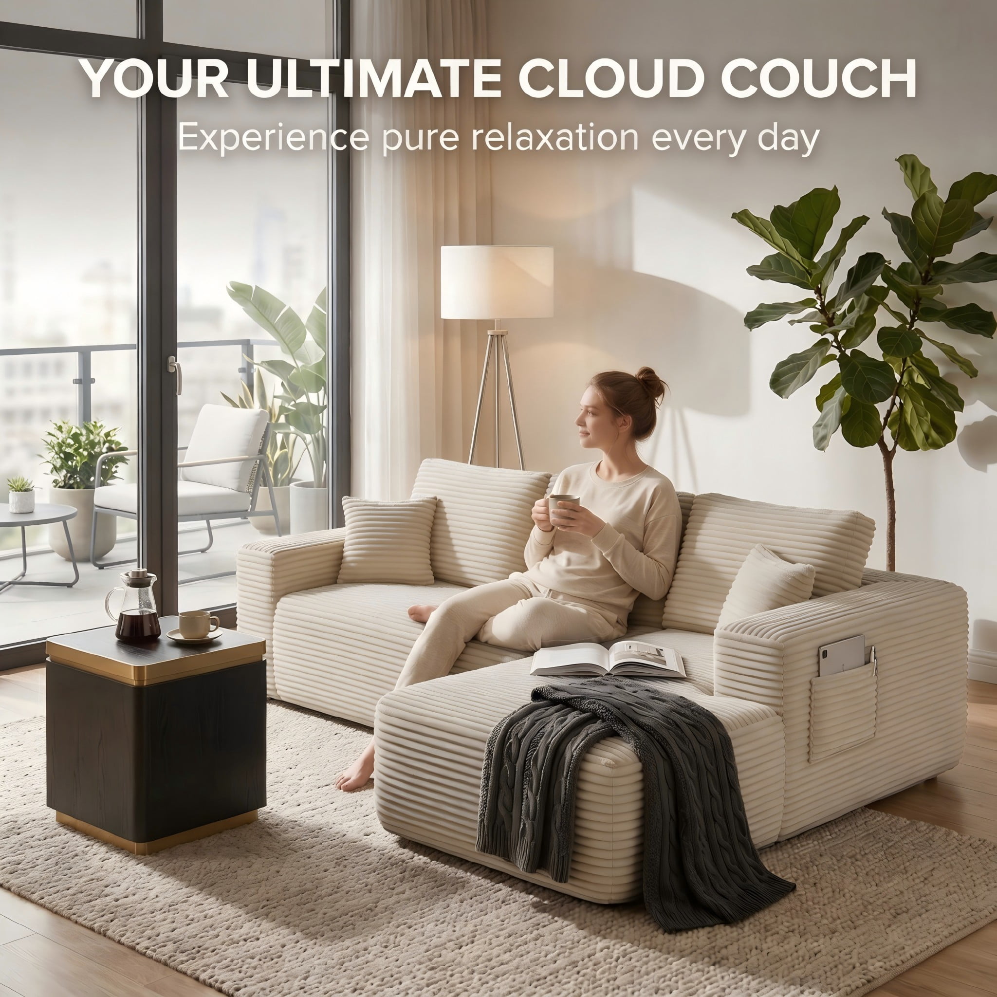 104" Cloud Sectional Sofa with Chaise, L-Shaped Corduroy Couch for Living Room, Zero Assembly, Memory Foam & Pocket Spring, Arrives in 2 Boxes, Right Facing (Beige)