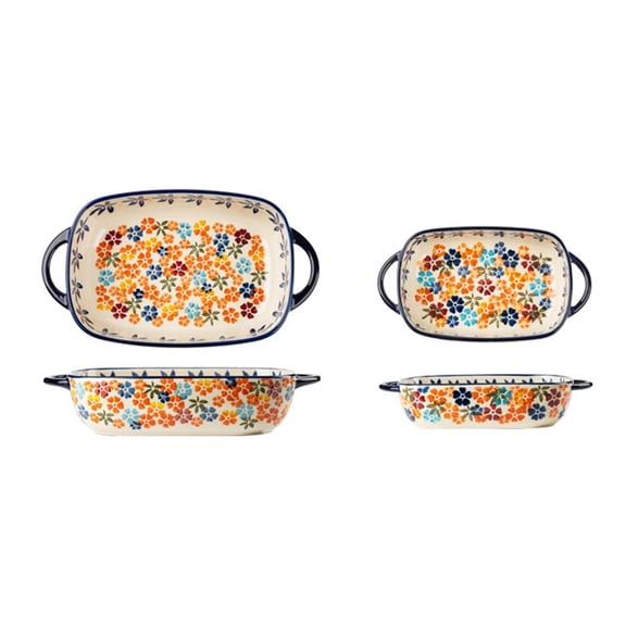 Vintage Ceramic Baking Pan Set of 2 Rectangular Double-Handled Hand-Painted Floral Tableware Rice