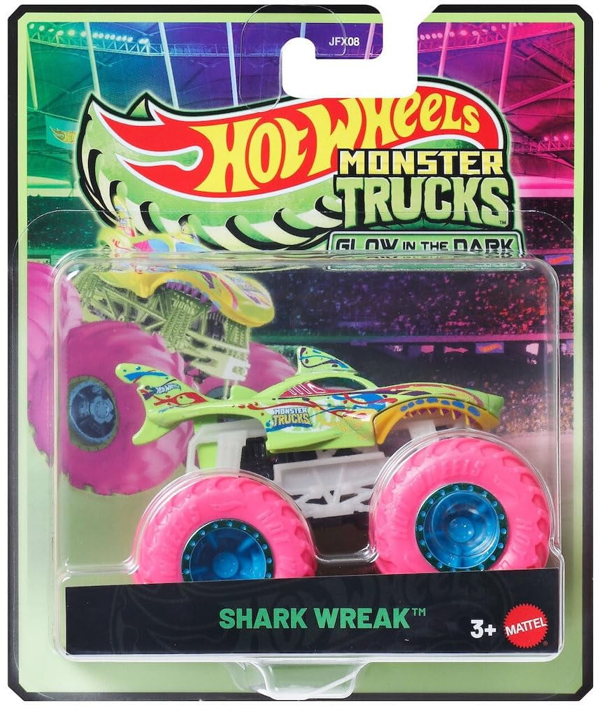 Hot Wheels Monster Trucks Glow in The Dark Collection, 5-Pack Set, Podium Crasher, Shark Wreak, Haul Y'all, Twin Mill, Night Shifter, Ages 3+ JFX08-979D