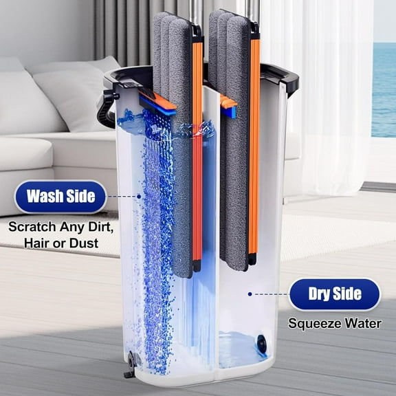 All-in-One Mop and Bucket Set with Scraper for Deep Cleaning, 2 Chambers Design, Adjustable Aluminum Handle, Compatible with 6 Reusable Microfiber Pads, 13 Inch