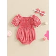 thumbnail image 4 of Bagilaanoe Newborn Baby Girl Summer Rompers Plaid Short Sleeve Off Shoulder Bodysuits + Headband 3M 6M 12M 18M Infant One Piece Jumpsuit, 4 of 7