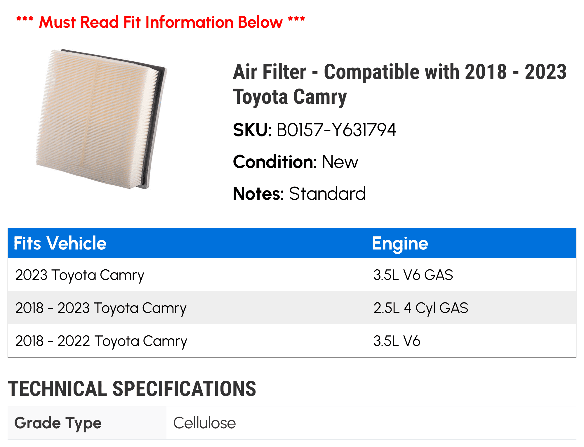 Air Filter - Compatible with 2018 - 2023 Toyota Camry 2019 2020 2021 2022
