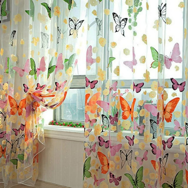 Xiao Hua Cortina de gasa transparente con estampado de mariposas, 1 x 2 m, con estampado offset, para ventana, puerta, dormitorio, sala de estar, balcón, cafetería (2 paneles)