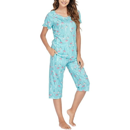 

Cindysus Women Loungewear Elastic Waist Capri Trousers Sleepwear Floral Print Nightwear Dailywear Lounge Set With Pockets Pajamas Sets Green 2XL