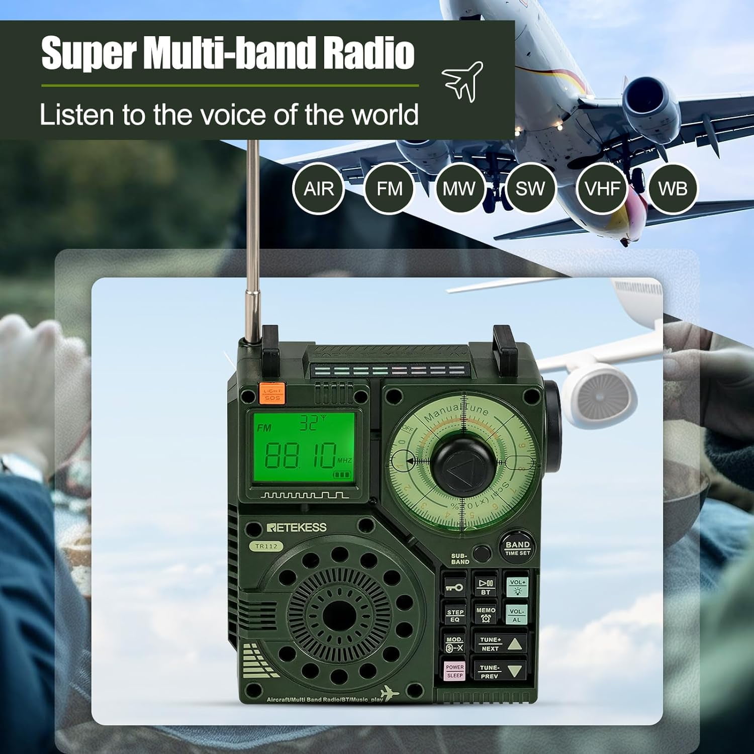 Retekess TR112 Portable Shortwave Radio, emergency radio,Multiband Radio Receiver, APP Control, AM FM SW AIR VHF WB Receiver with Bluetooth, TF, 6 EQ Modes, SOS, Clock