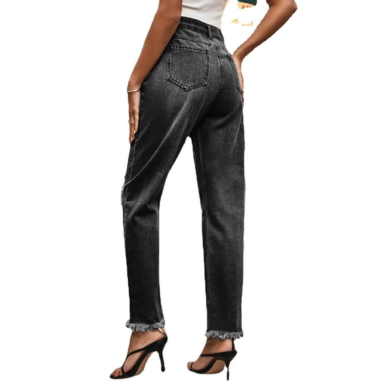 Hele tiden Faldgruber kompensation Womens Ripped Jeans Frayed Hole High Waist Butt Lifting Denim Pants Loose  Fit A-Line Straight Leg Jean Trousers - Walmart.com