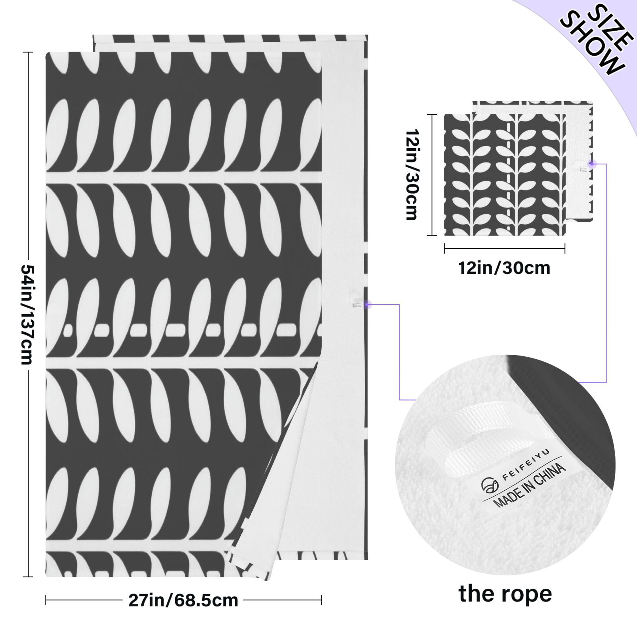 Black and White Leaf Pattern 2 Piece Cotton Bath and Face Towel Set Soft and Absorbent, for Beach Pool Bathroom