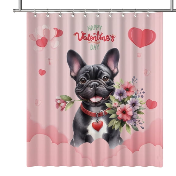 Happy Valentine's Day French Bulldog holding flowers Shower Curtain Dog Lover Gifts Waterproof Bathroom Bathtub Curtain - 3005